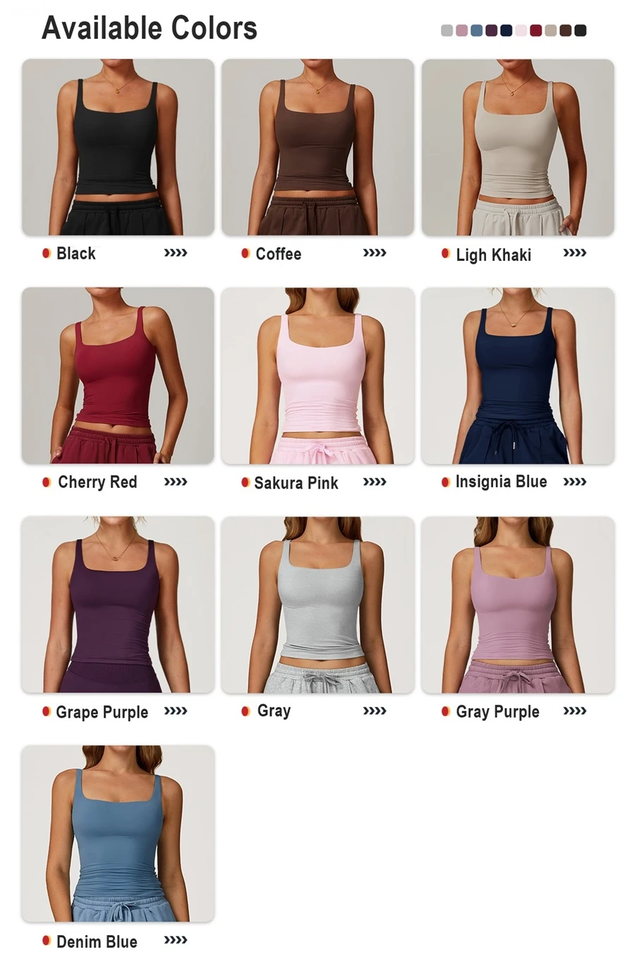 Women’s U-back quick-dry yoga tank top – square neck front view with sculpted open back, fitted tummy-control hem, in brushed nylon-spandex fabric-available colors