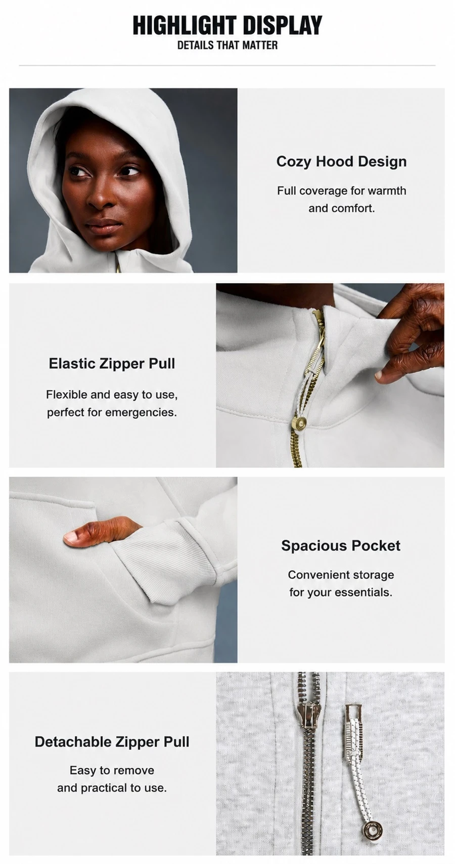 Women's fleece zip up hoodie jacket with hood for winter casual wear-key features