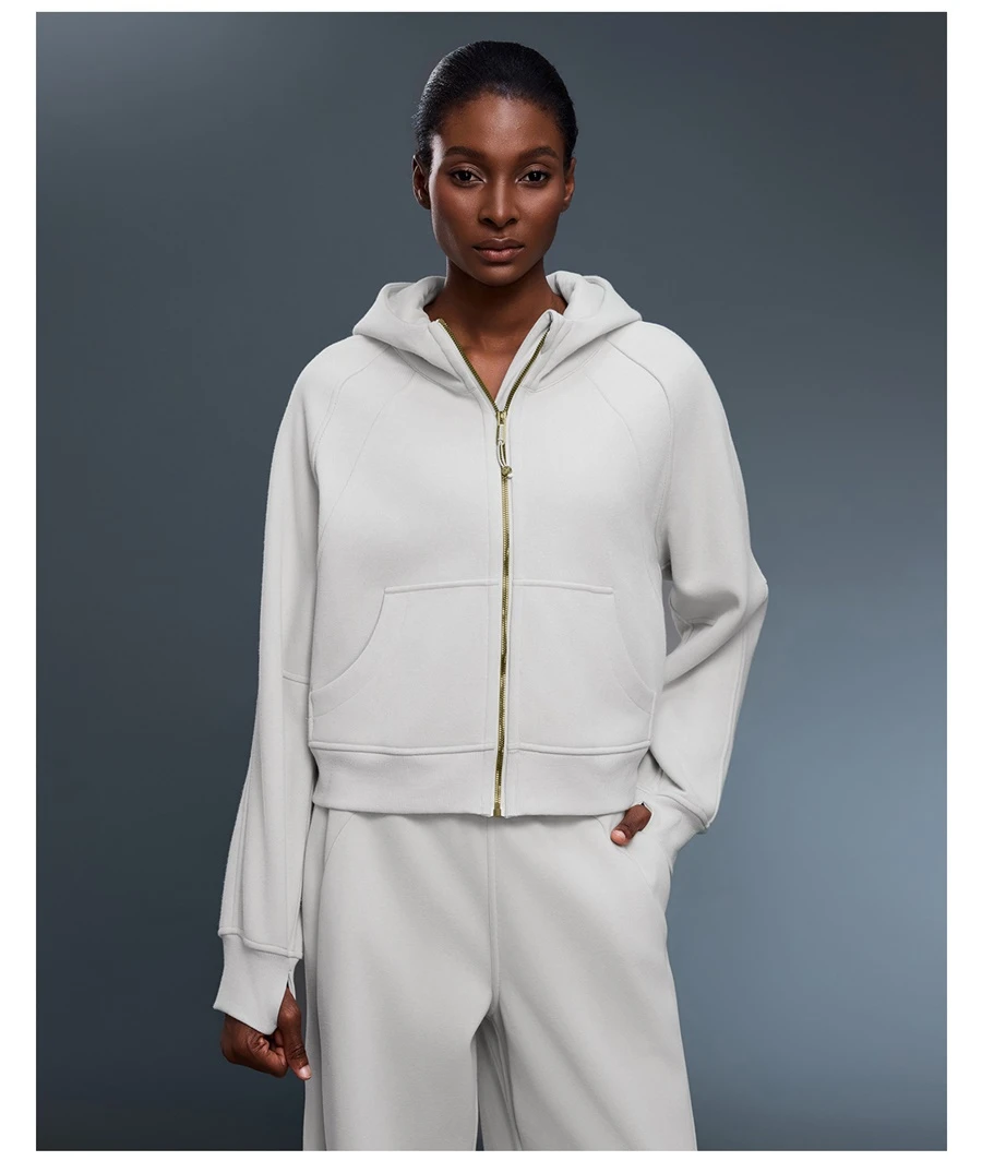 Women's zip up sweatshirt jacket with large front pockets-bone white