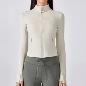 Women's cropped workout jacket with stand collar for yoga and running-white