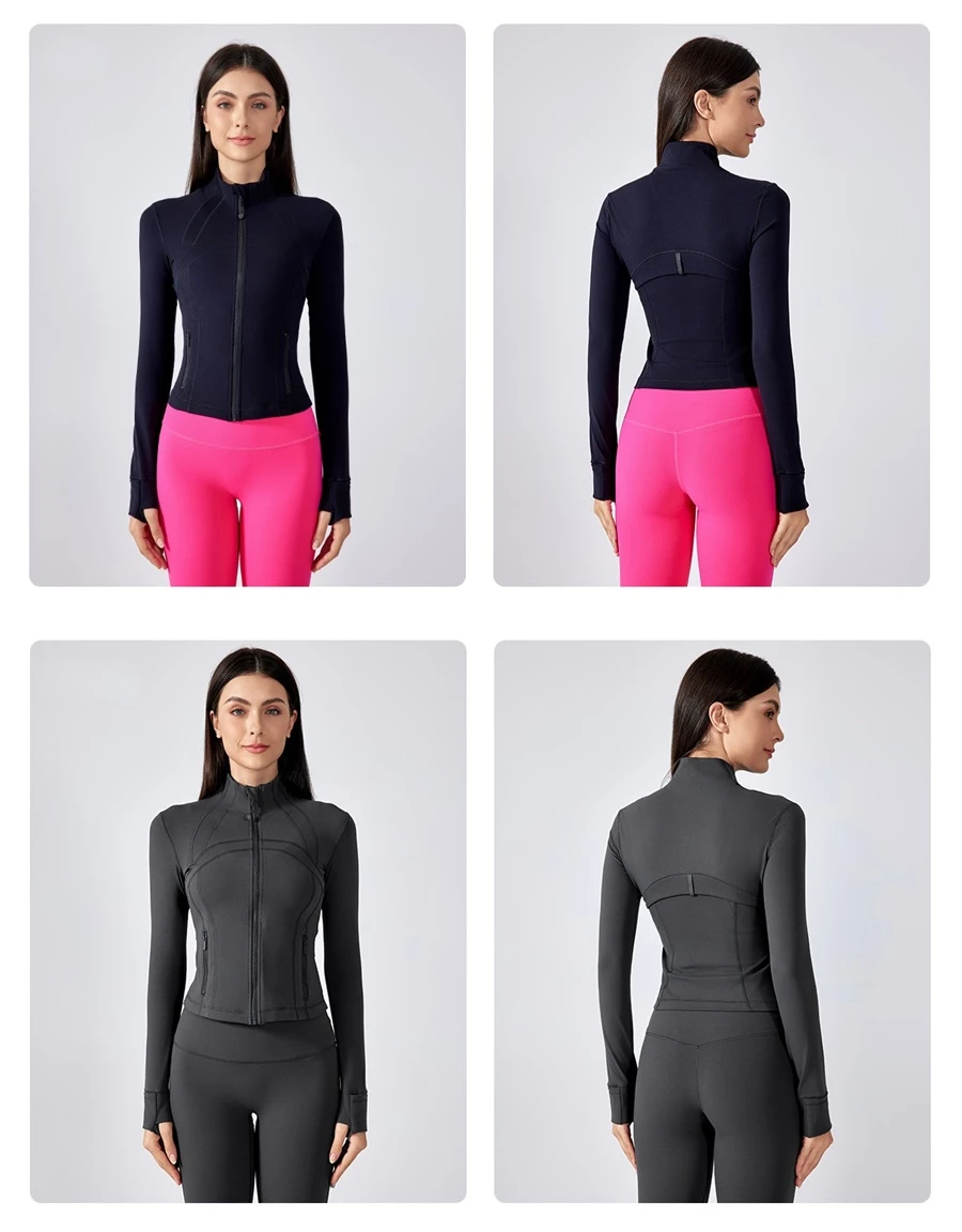 Women's zip up sports jacket with thumb hole cuffs and zipper pockets