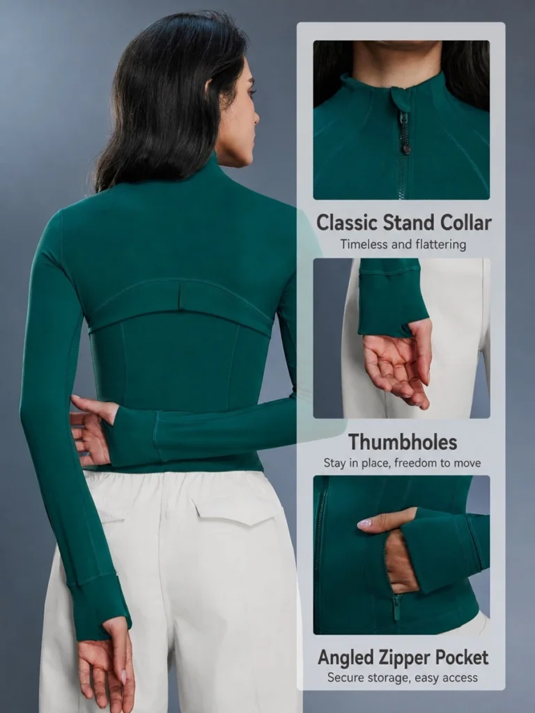 Women's cropped workout jacket with stand collar for yoga and running-features