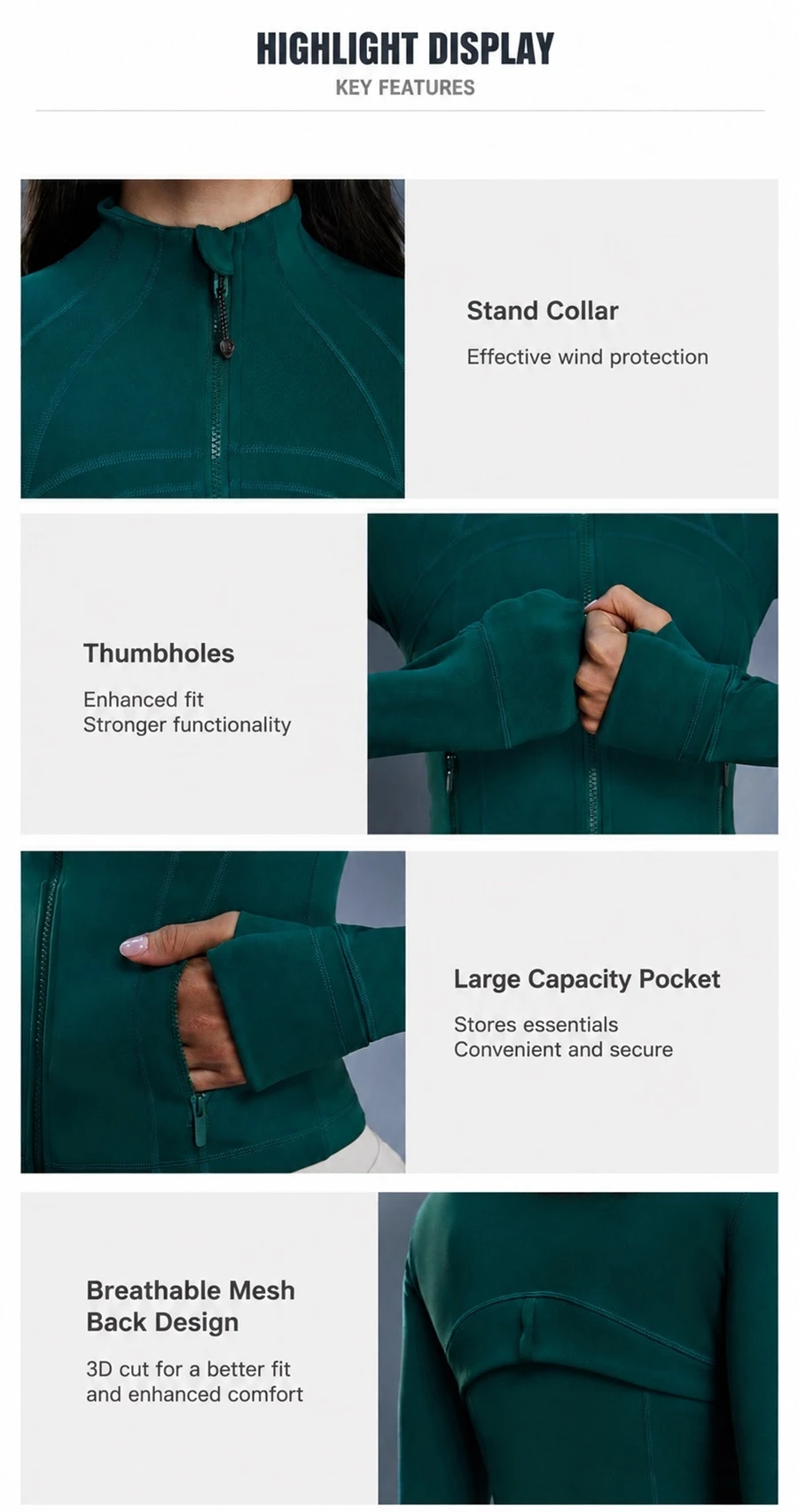 Women's cropped workout jacket with stand collar for yoga and running-key features