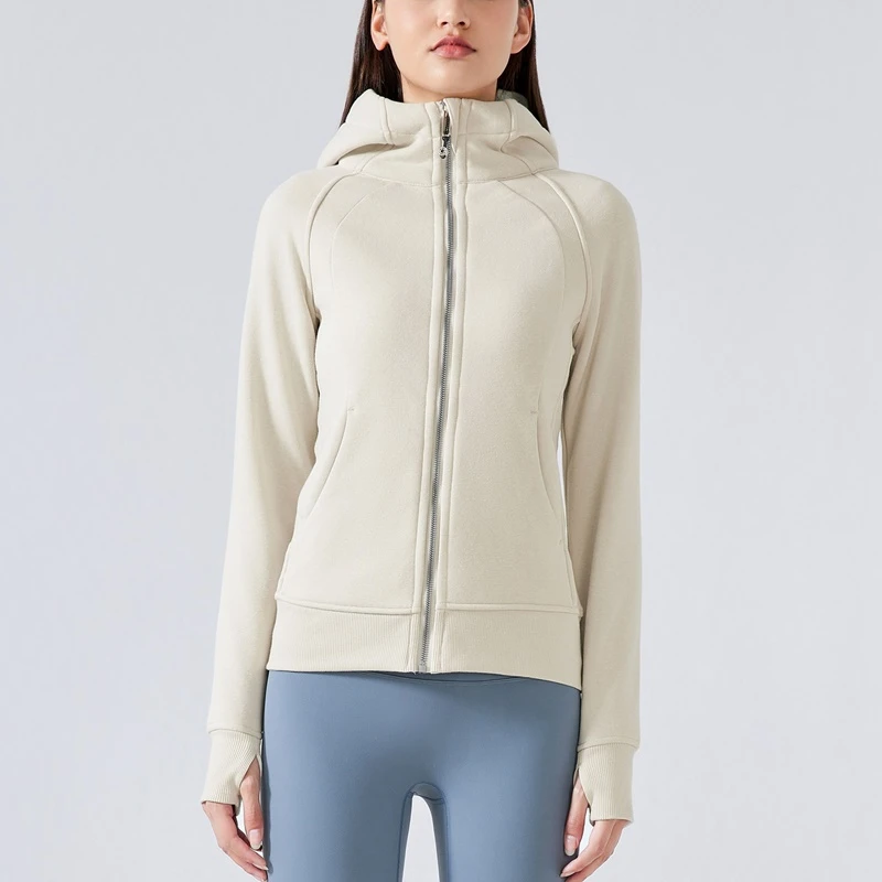 Women's fleece zip-up hoodie jacket for outdoor workouts and winter wear-egg white