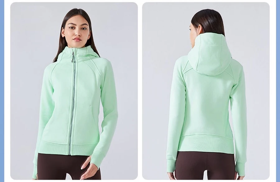 Women's thick fleece hoodie jacket with wind-protective hood-mint