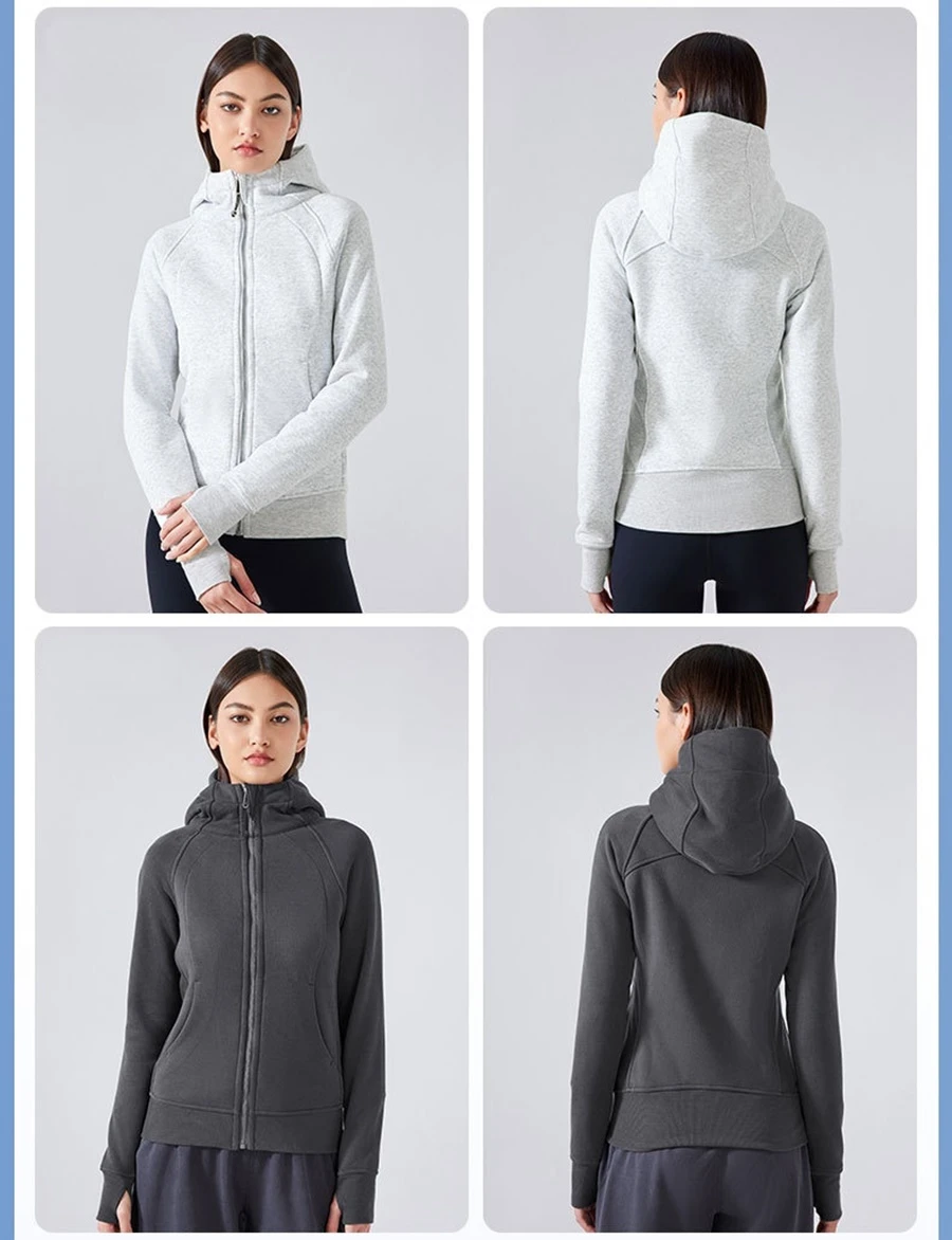 Women's fleece workout jacket with thumb hole cuffs and angled pockets