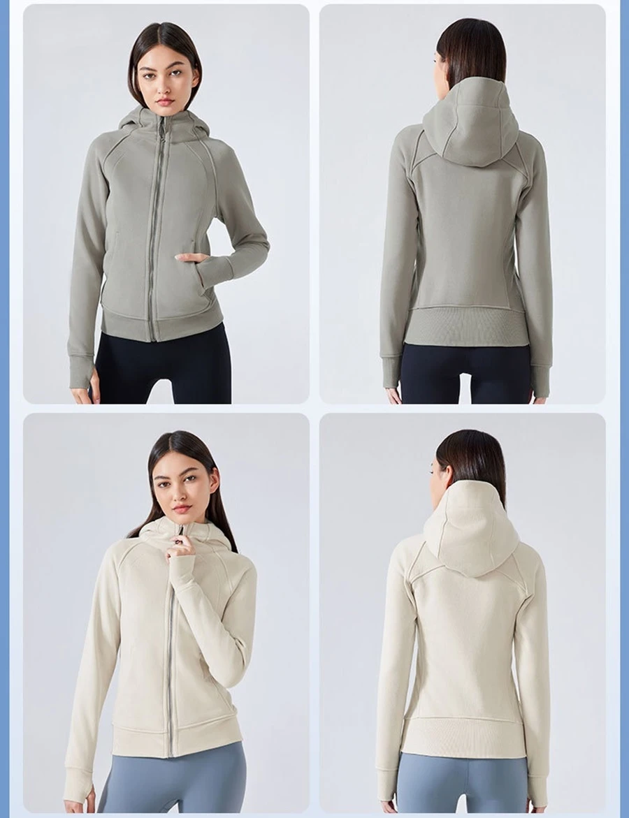 Women's fleece workout jacket with thumb hole cuffs and angled pockets