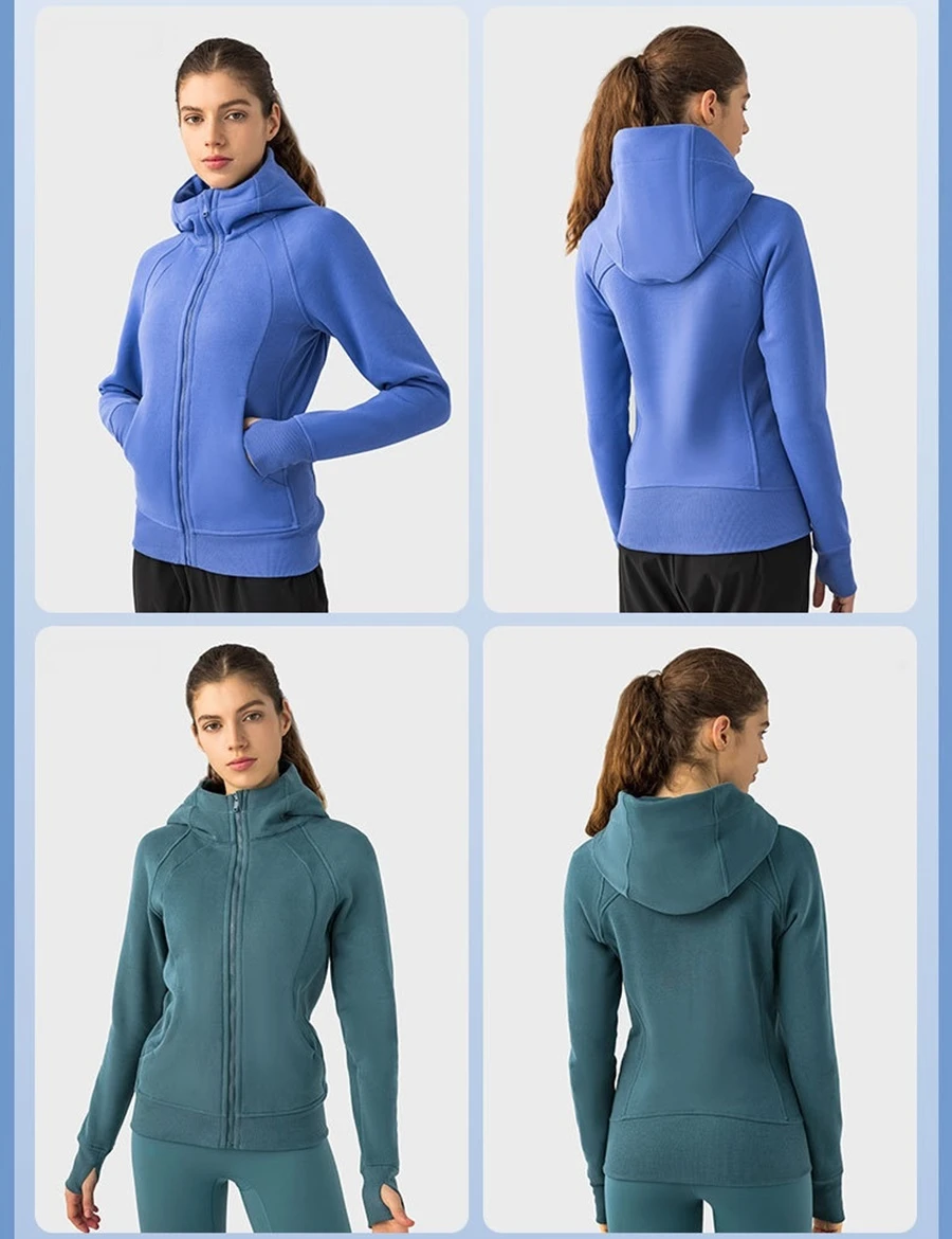Women's thick fleece hoodie jacket with wind- protective hood