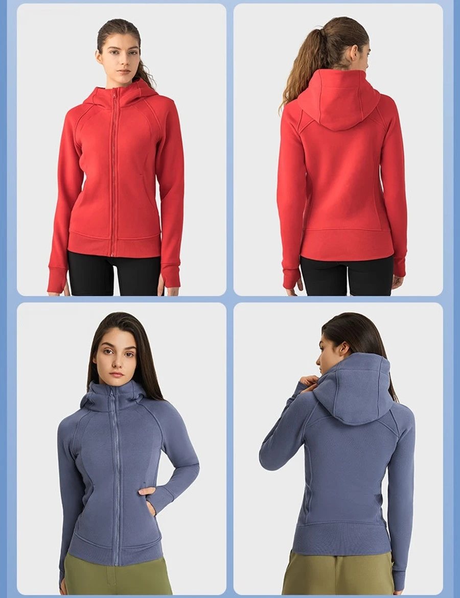 Women's thick fleece hoodie jacket with wind- protective hood