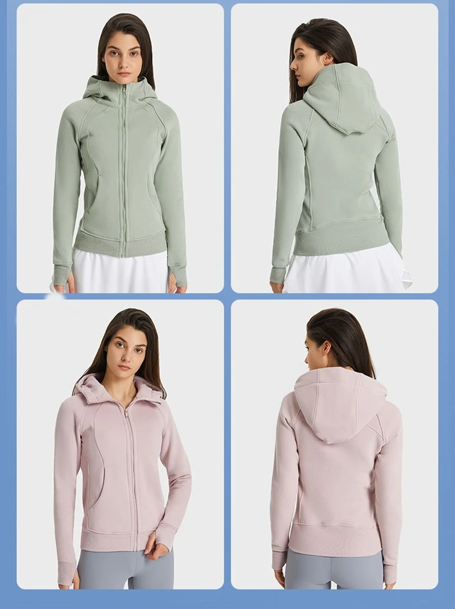 Women's thick fleece hoodie jacket with wind- protective hood