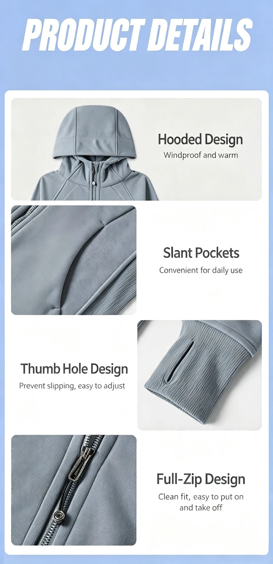 Women's fleece zip-up hoodie jacket for outdoor workouts and winter wear-features