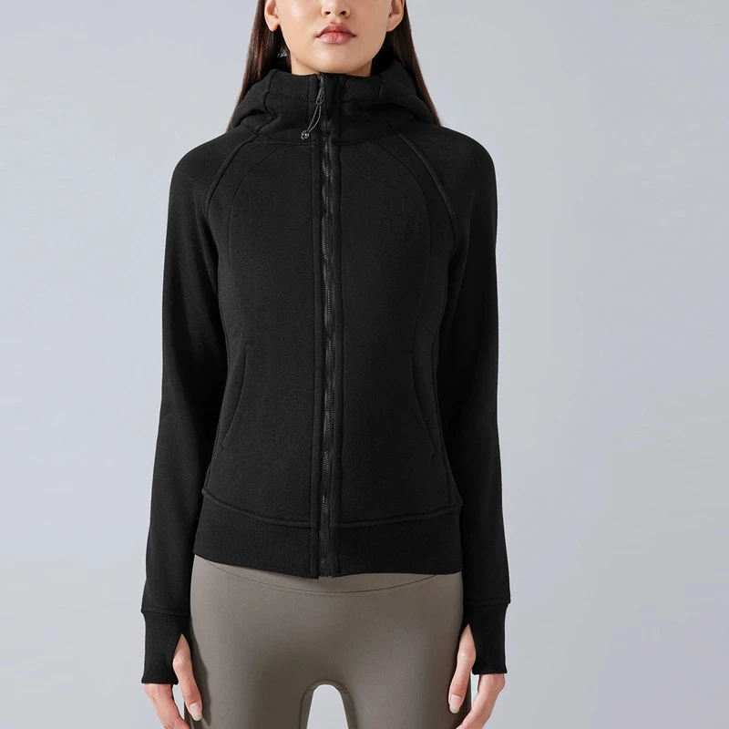 Women's fleece zip-up hoodie jacket for outdoor workouts and winter wear-black