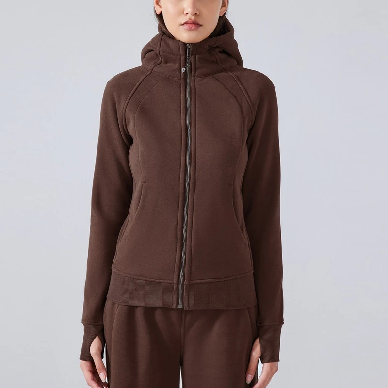 Women's fleece zip-up hoodie jacket for outdoor workouts and winter wear-coffee