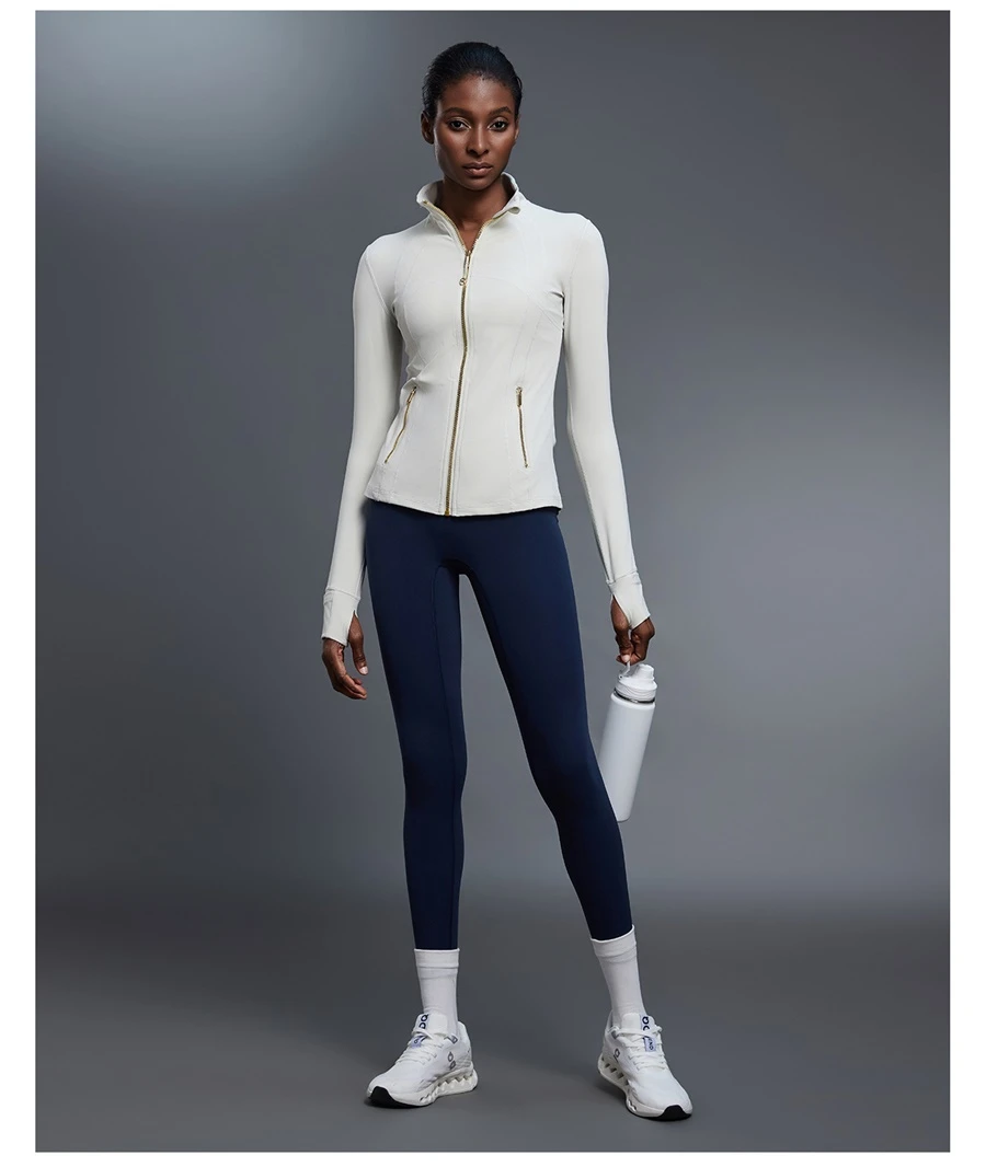 Women's long sleeve workout jacket with high collar and slim fit design