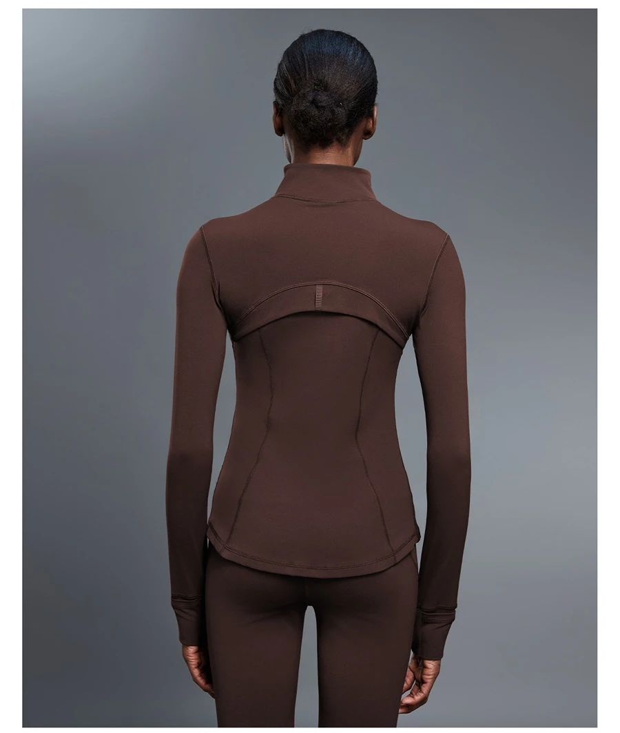 Women's running jacket made from four way stretch nylon spandex fabric-coffee