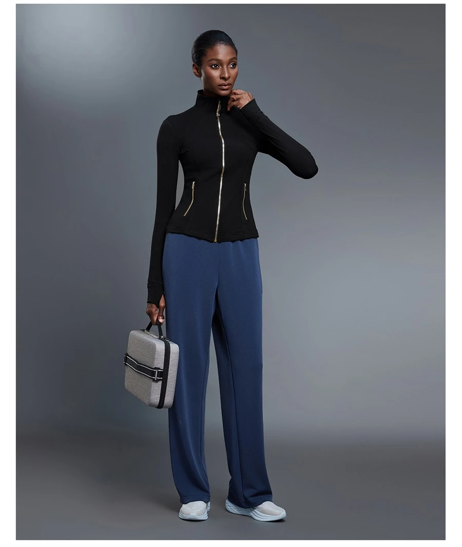 Women's long sleeve workout jacket with high collar and slim fit design