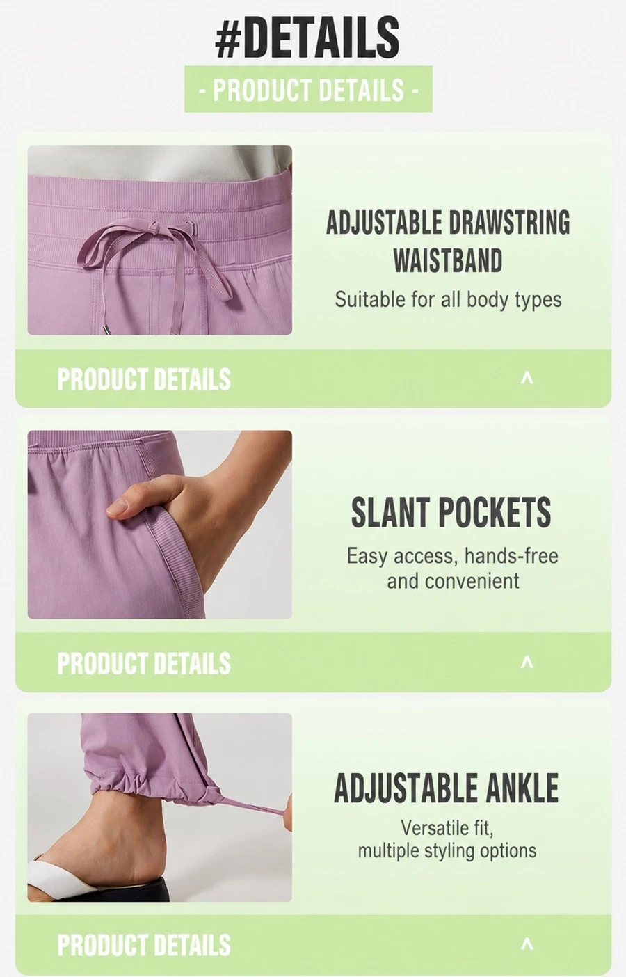 Women's wide leg workout pants with adjustable drawstring hem-features