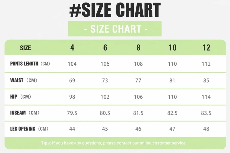 Women's wide leg workout pants with adjustable drawstring hem-size chart