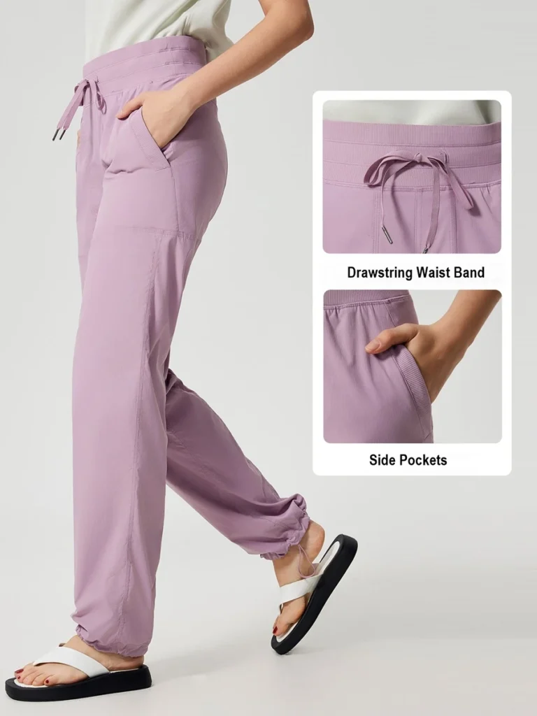 Women's straight leg athletic pants with elastic drawstring waistband