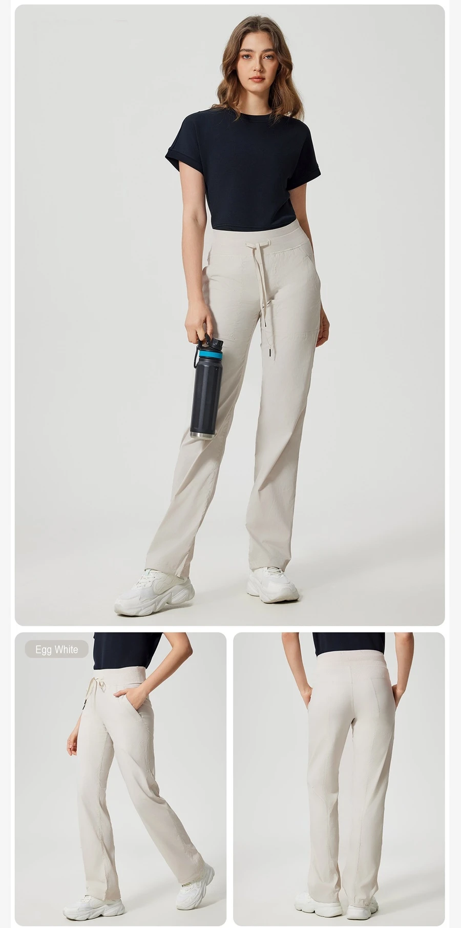 Women's straight leg athletic pants with elastic drawstring waistband