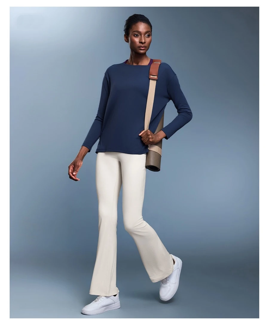 Women's long sleeve workout shirt with wide neckline and dropped shoulder design-navy