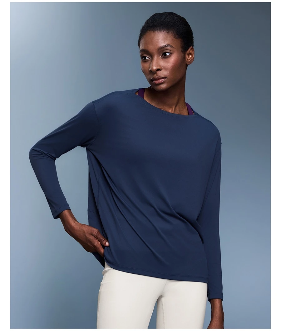 Women's long sleeve workout shirt with wide neckline and dropped shoulder design-navy