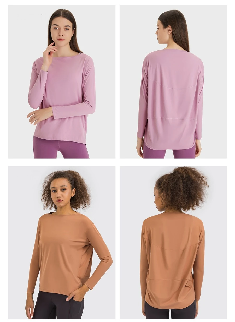 Relaxed fit yoga top with front short back long curved hem design