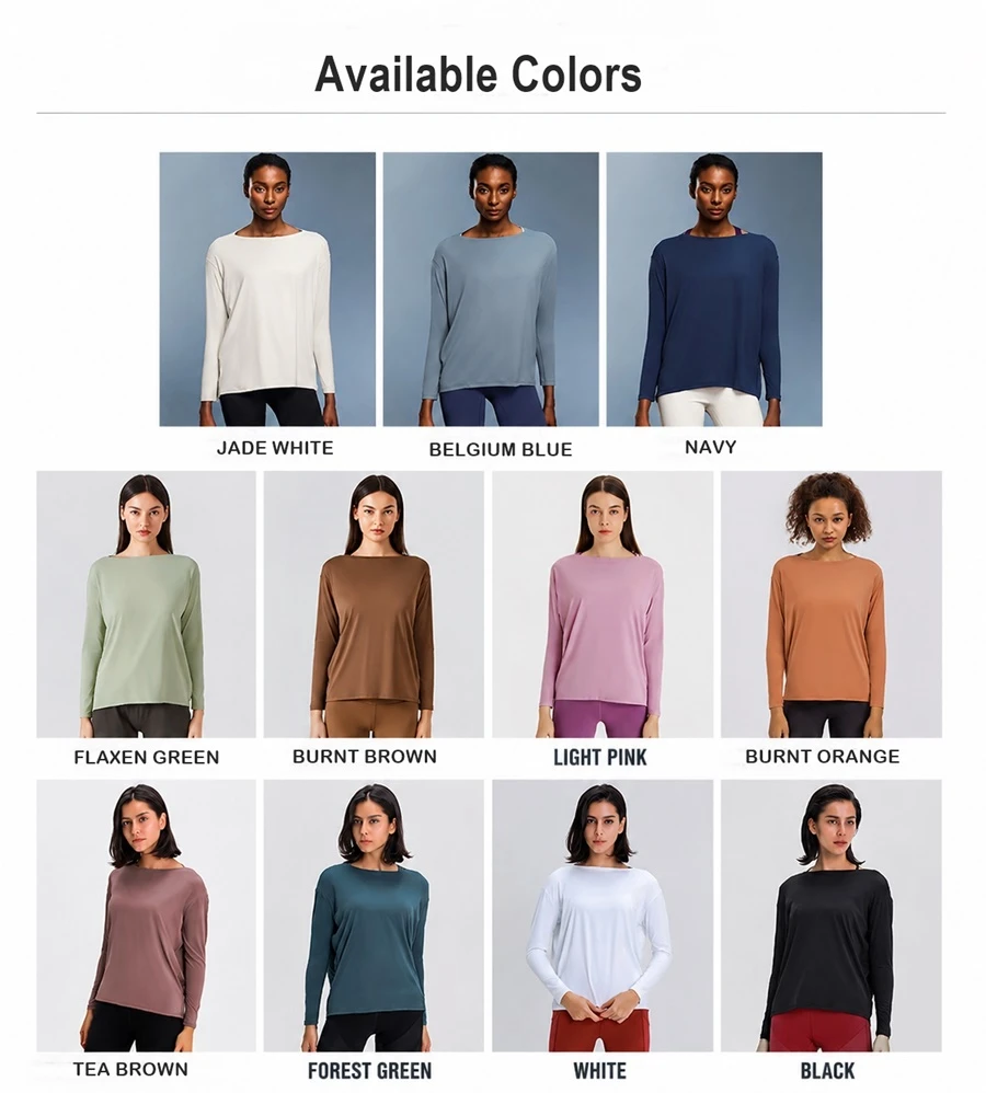 Women's loose fit long sleeve yoga top with brushed fabric for workout and yoga-available colors