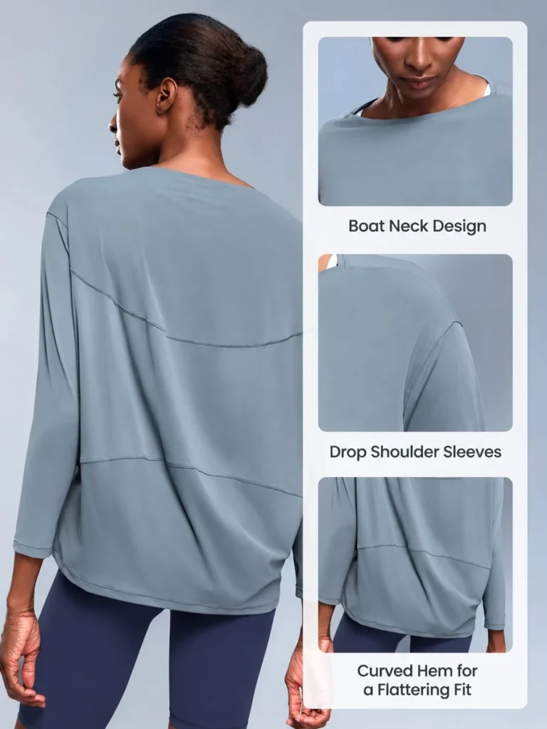 Women's long sleeve workout shirt with wide neckline and dropped shoulder design