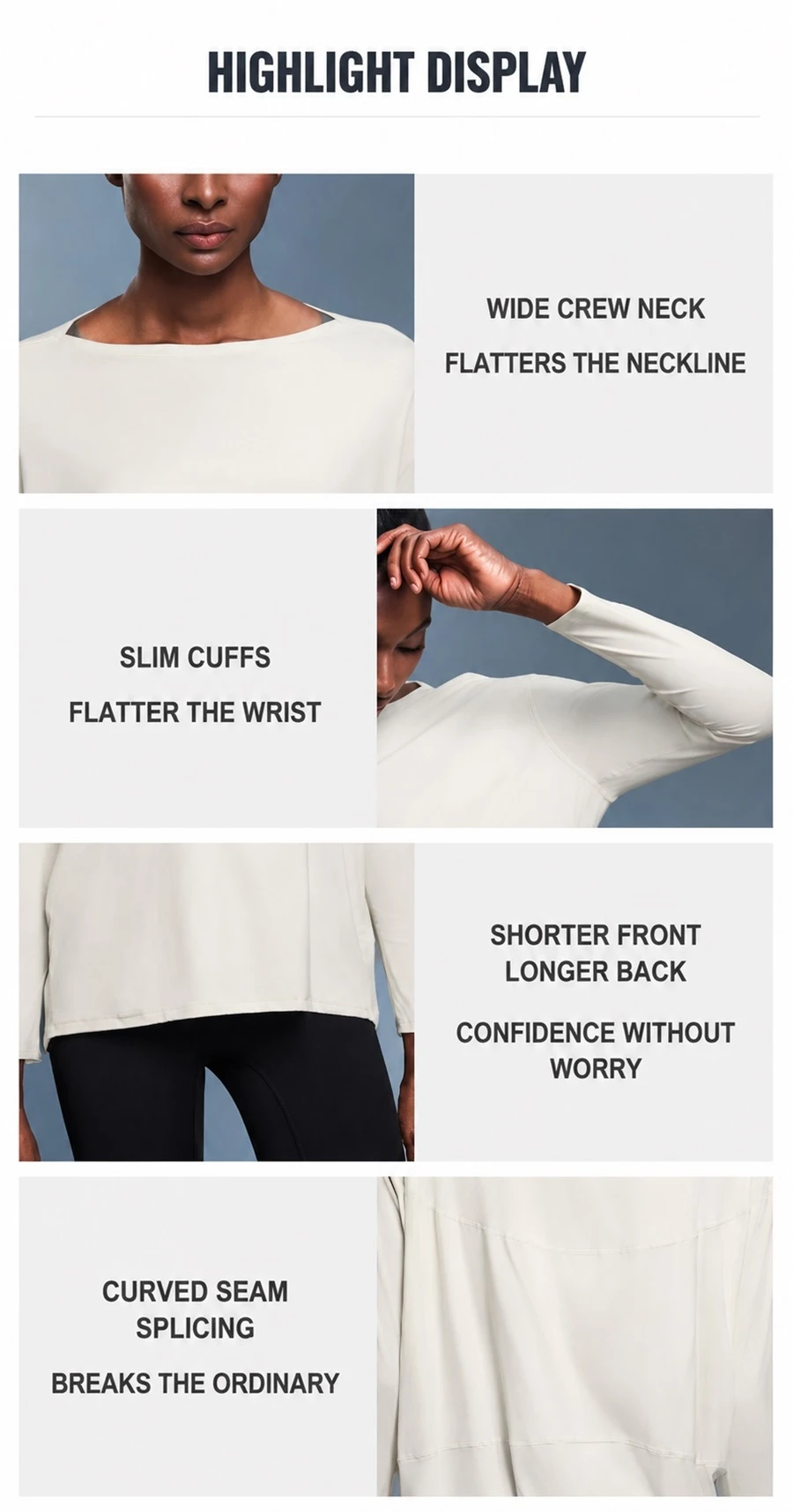 Women's loose fit long sleeve yoga top with brushed fabric for workout and yoga-key features