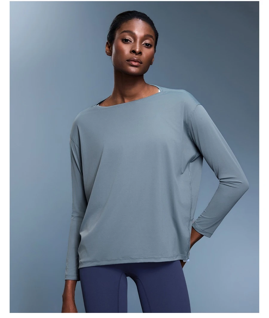 Women's long sleeve workout shirt with wide neckline and dropped shoulder design-blue