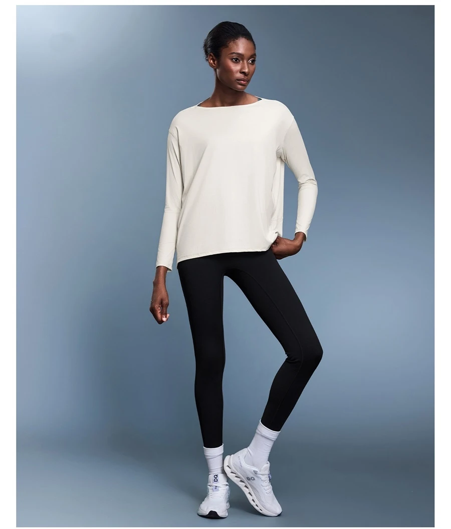 Women's long sleeve workout shirt with wide neckline and dropped shoulder design-white