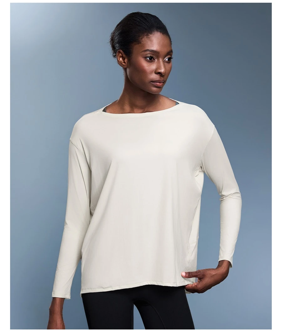 Women's long sleeve workout shirt with wide neckline and dropped shoulder design-white