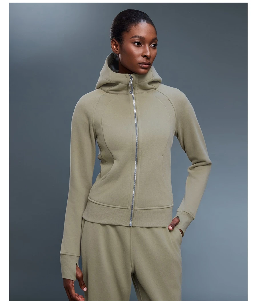 Women's fleece yoga jacket with large pockets and thumb hole cuffs-pure oak