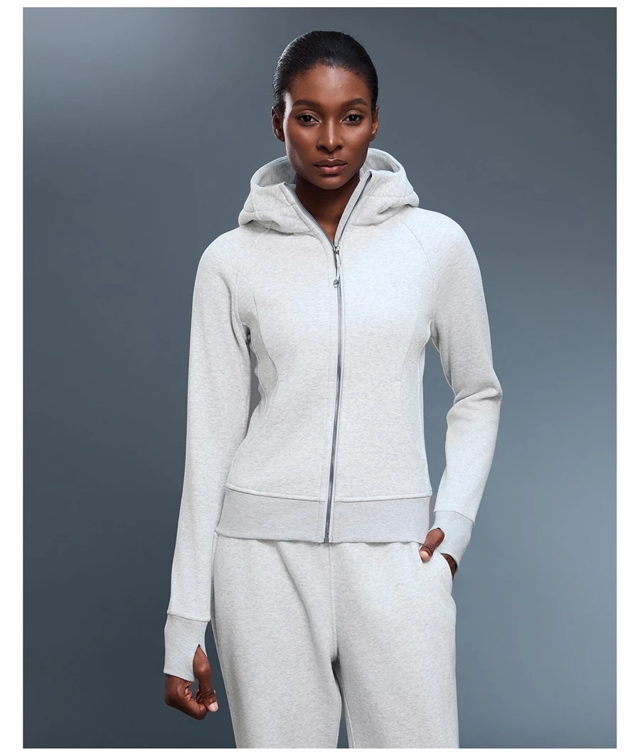 Women's fleece yoga jacket with large pockets and thumb hole cuffs-bone white