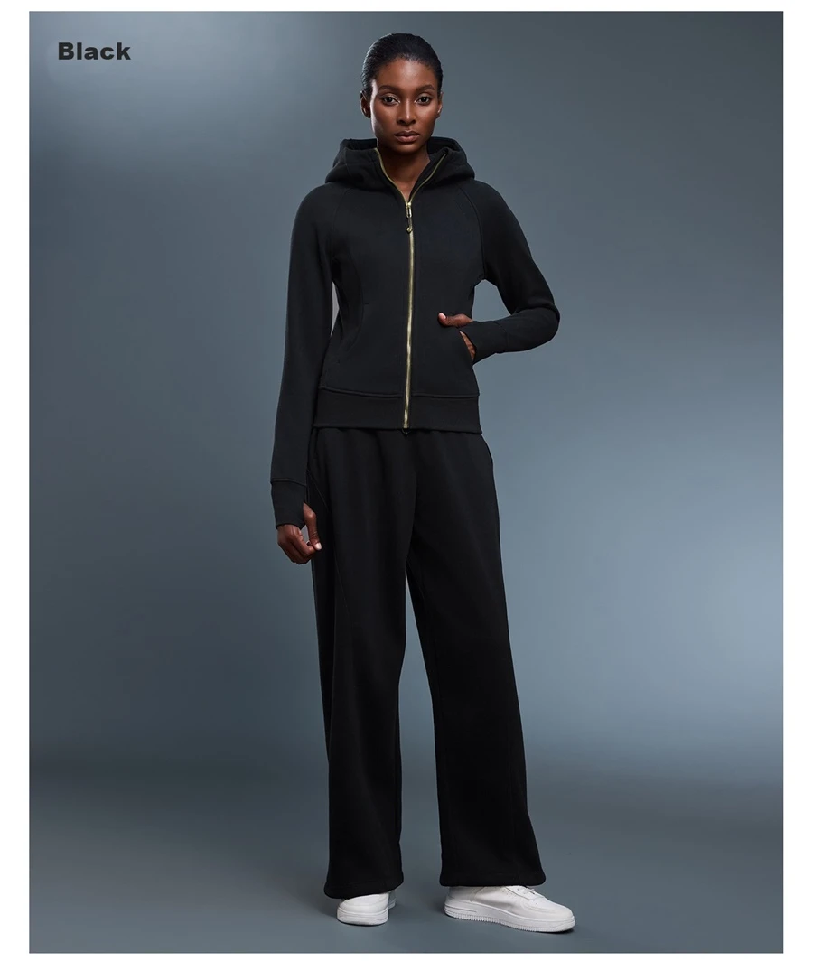 Women's warm fleece workout jacket with structured collar and slim fit-black