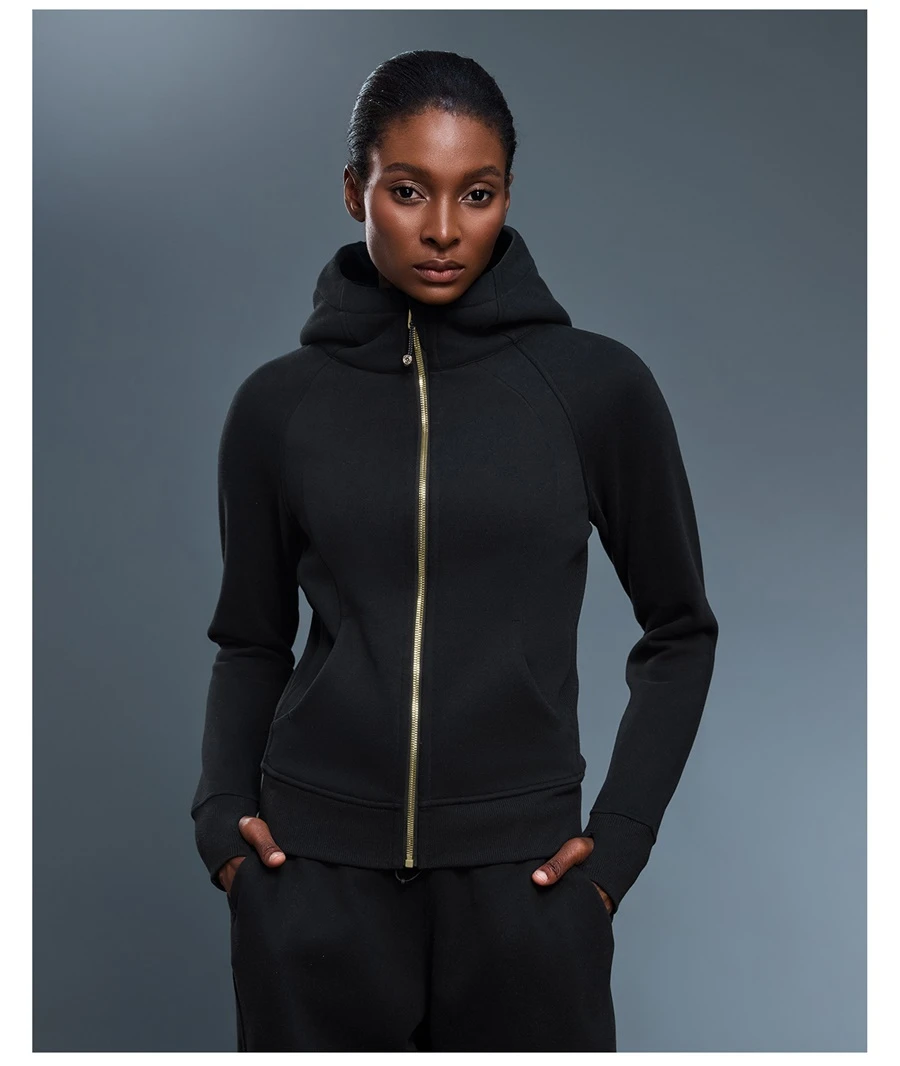 Women's fleece yoga jacket with large pockets and thumb hole cuffs-black