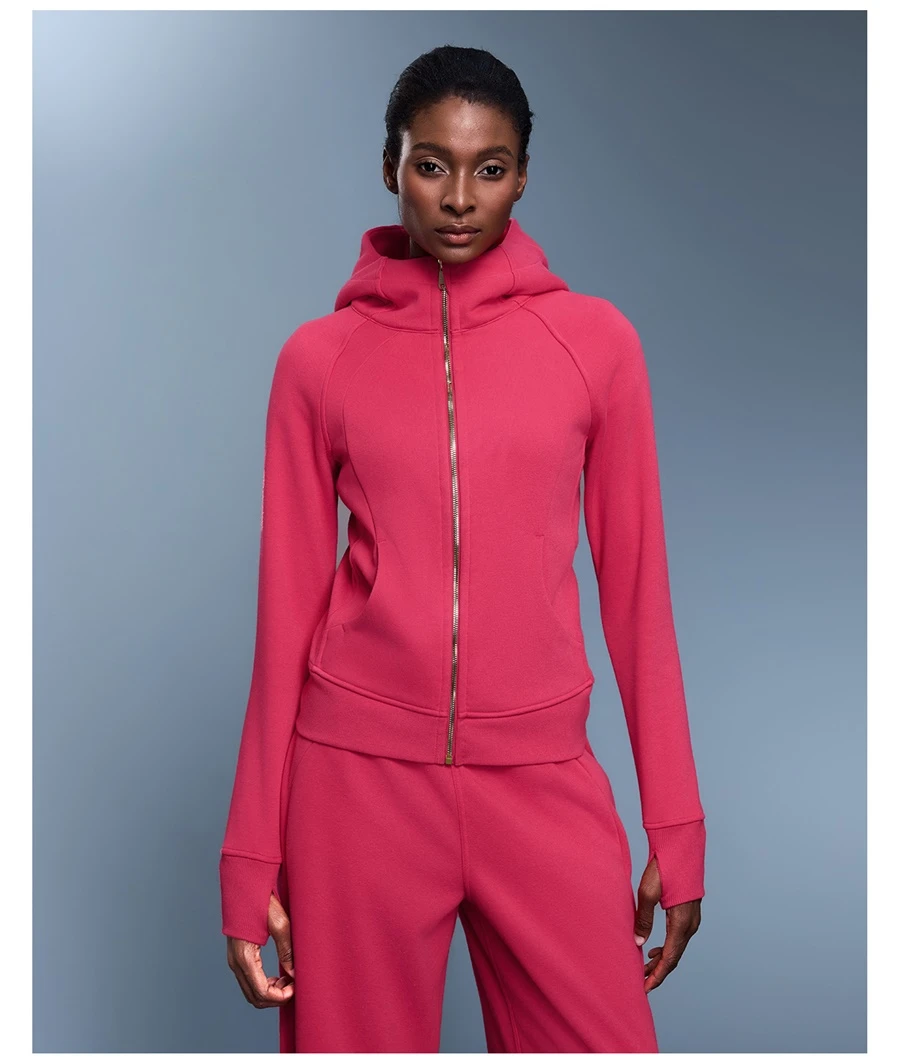 Women's fleece yoga jacket with large pockets and thumb hole cuffs-candy red