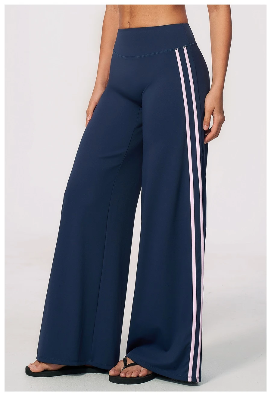 Front View for Women's High Waist Flare Yoga Pants- Navy+Pink Stripe Color