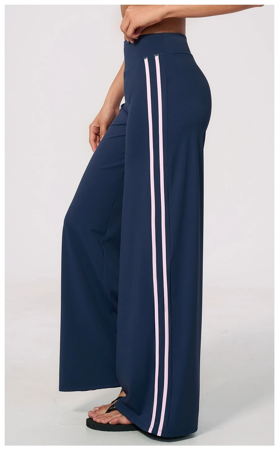Side View for Women's High Waist Flare Yoga Pants- Navy+Pink Stripe Color