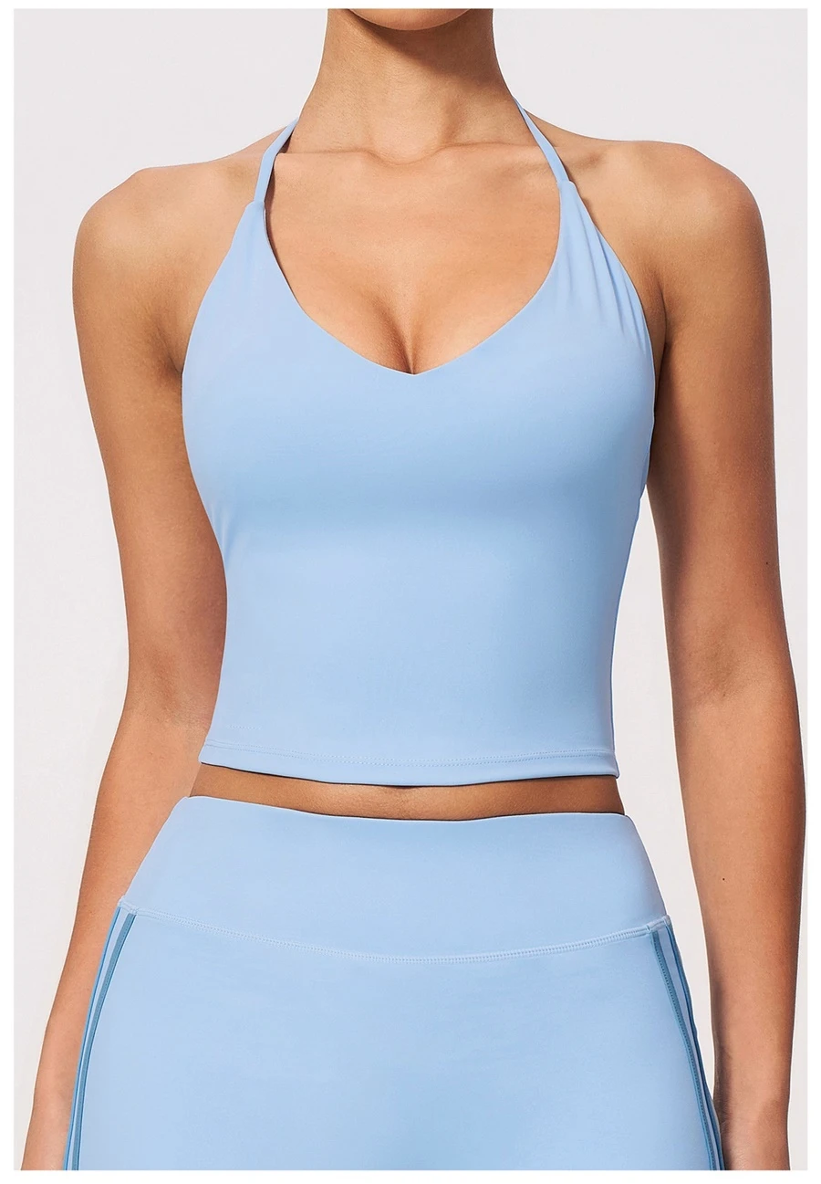 Front View for Women's V-neck yoga tank top with removable pads-blue color