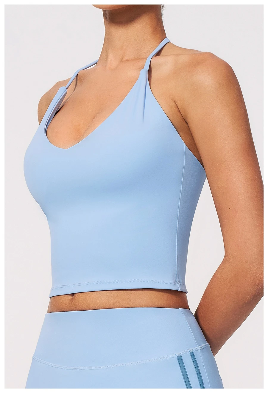 Side View for Women's V-neck yoga tank top with removable pads-blue color