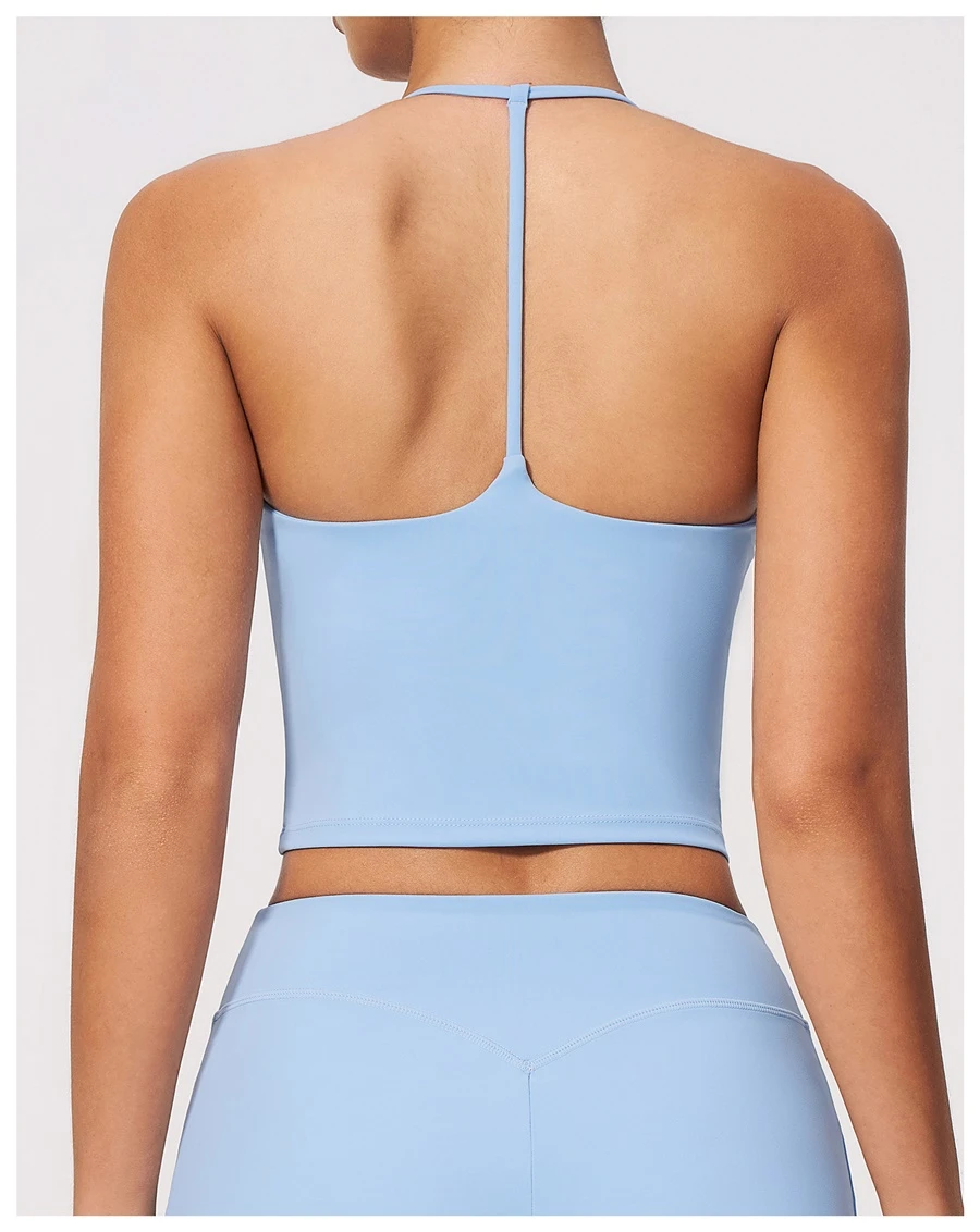 Back View for Women's V-neck yoga tank top with removable pads-blue color