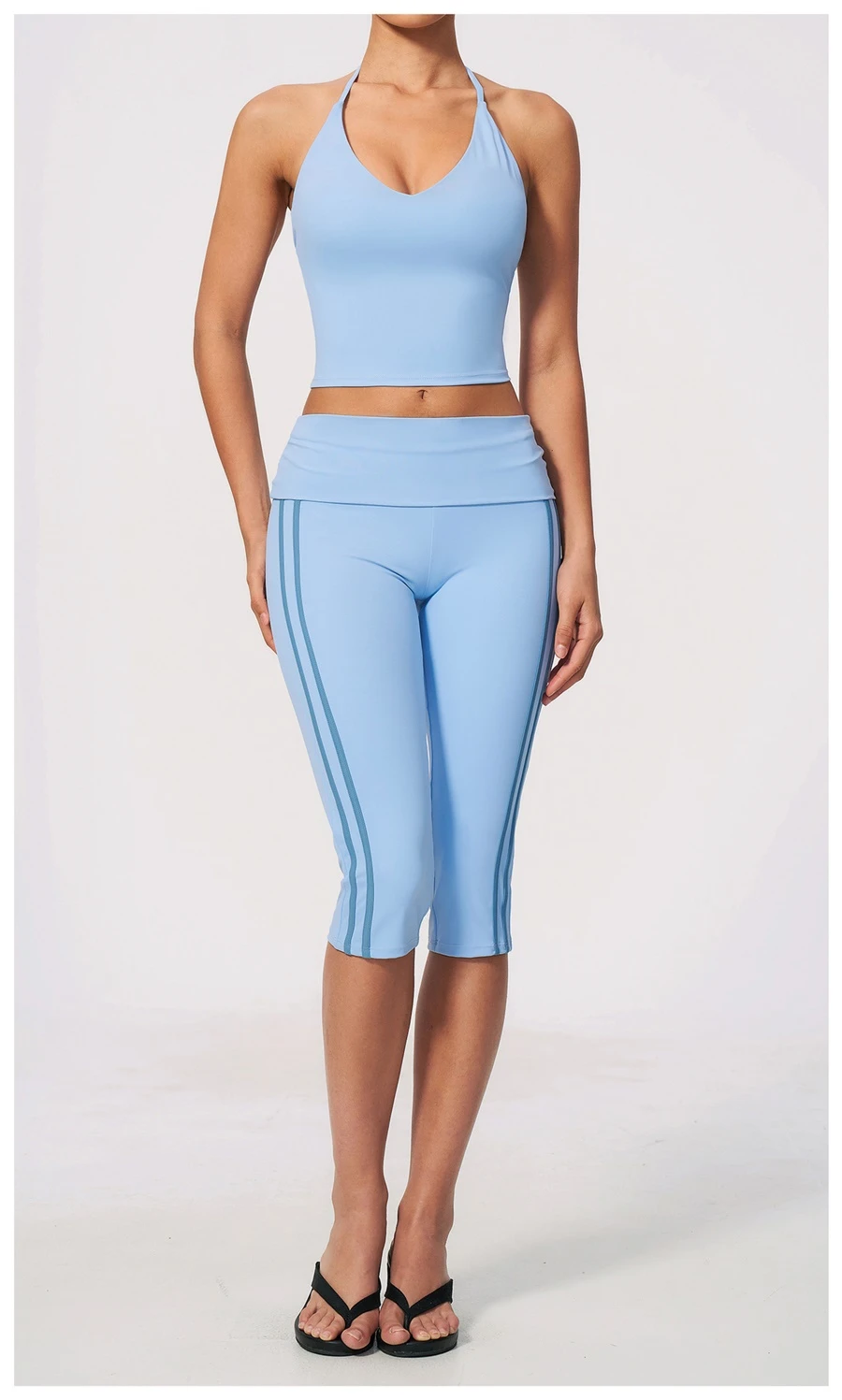 Front View for Women's V-neck yoga tank top with removable pads-blue color
