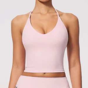 Women's V-neck yoga tank top with removable pads and custom logo-pink