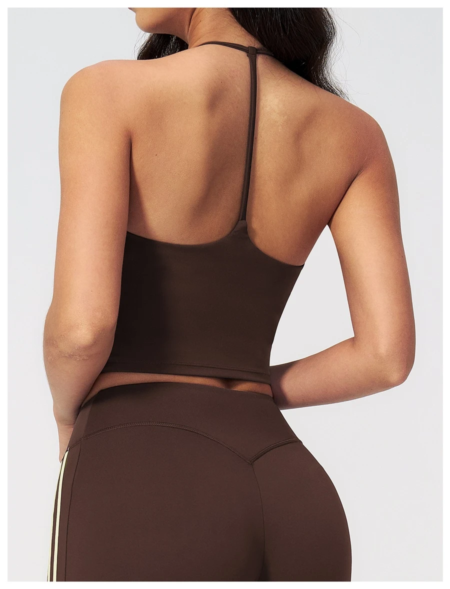 Back View for Women's Yoga Tank Top with Removable Pads-Coffee