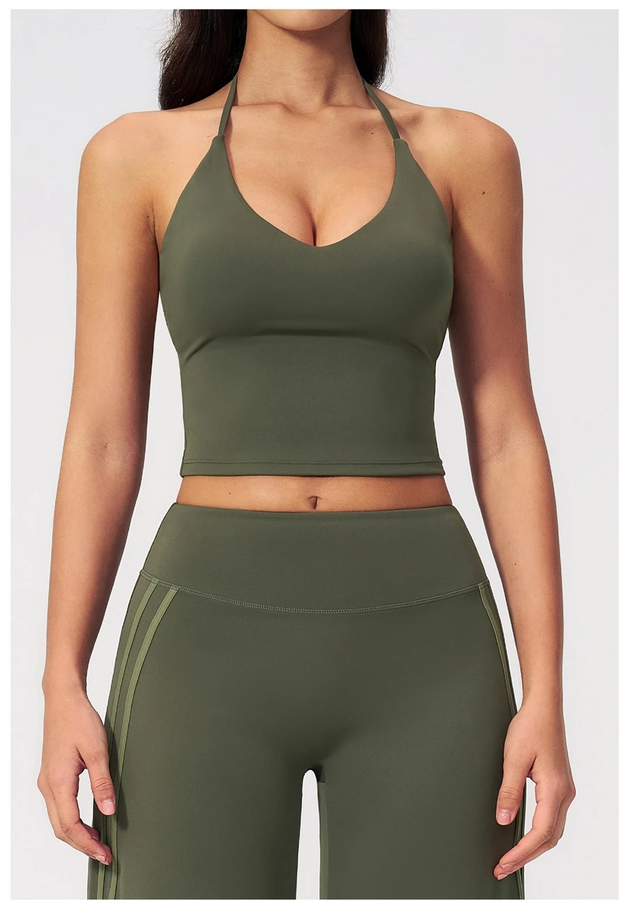 Front View for Women's V-neck yoga tank top with removable pads and custom logo