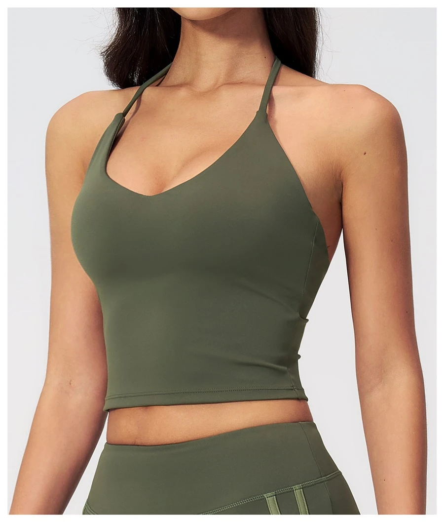 Side View for Women's V-neck yoga tank top with removable pads and custom logo