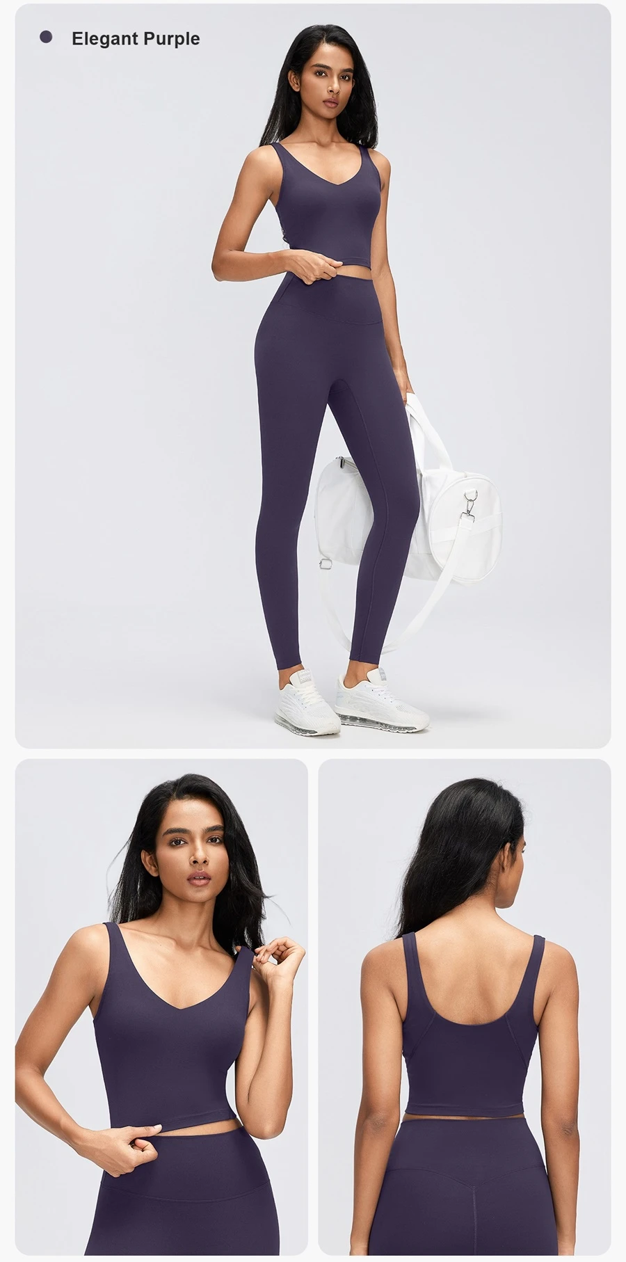 V-neck high support workout bra with wide elastic shoulder straps-purple