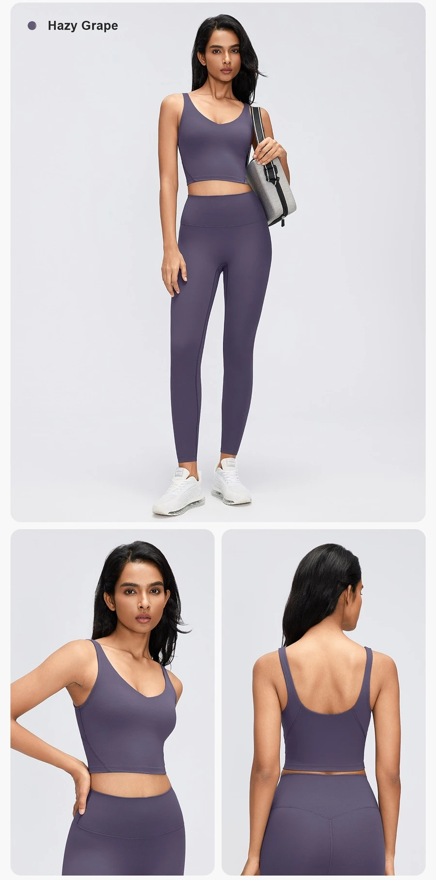 V-neck high support workout bra with wide elastic shoulder straps-hazy grape
